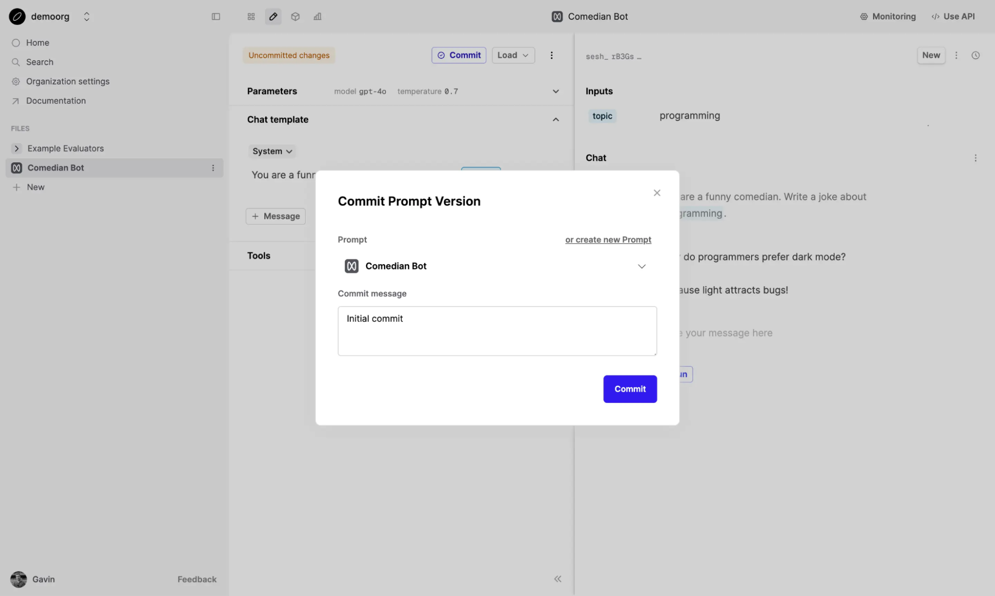 Committing and version controlling a prompt.