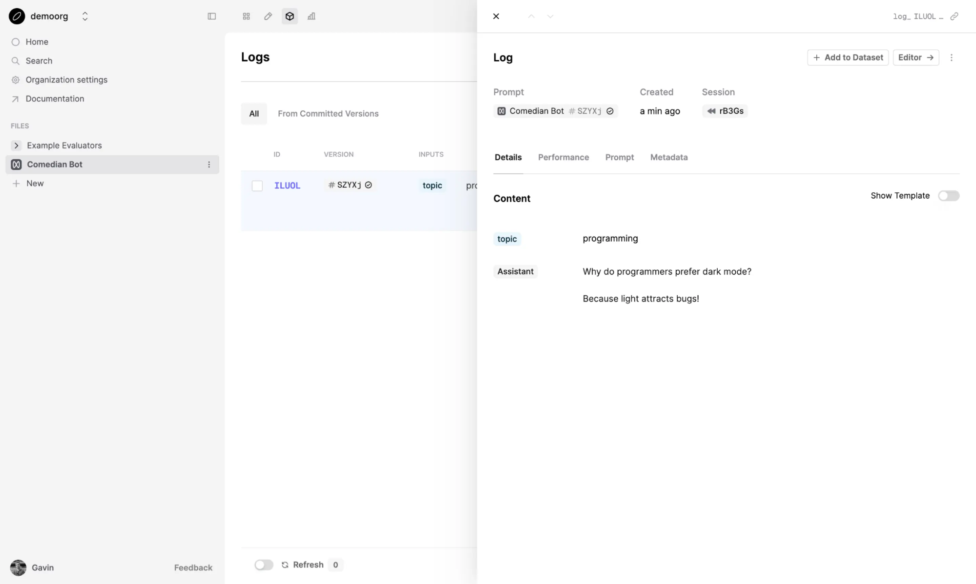 Viewing logs to monitor prompt performance.